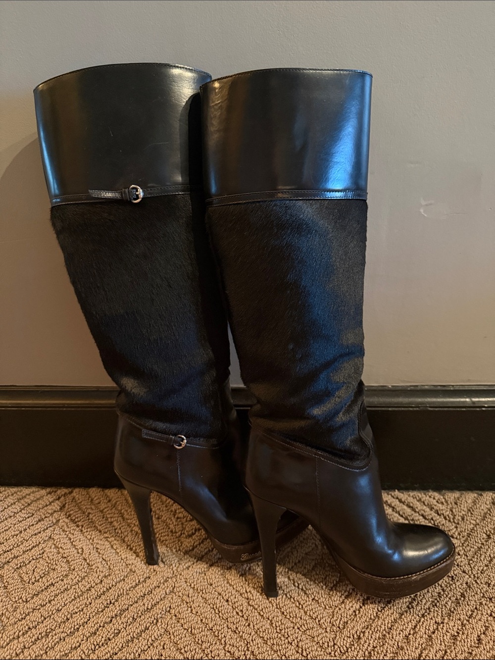 Gucci Black Over-the-Knee Leather & Haircalf Platform Boots size 6